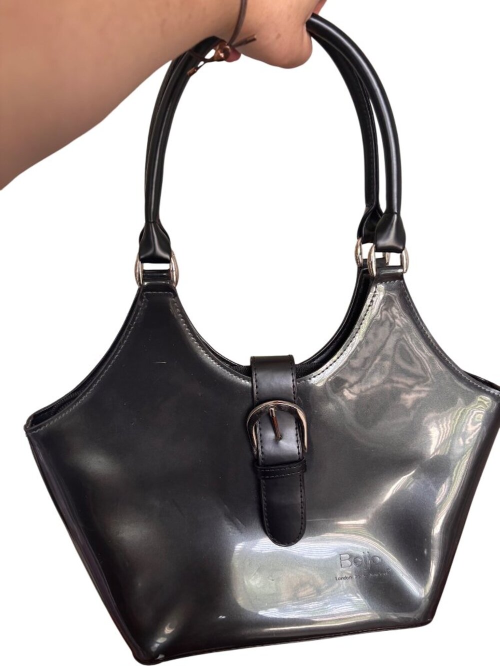 Beijo Black Patent Handbag Buckle Detail & Dual Handles London Paris New York